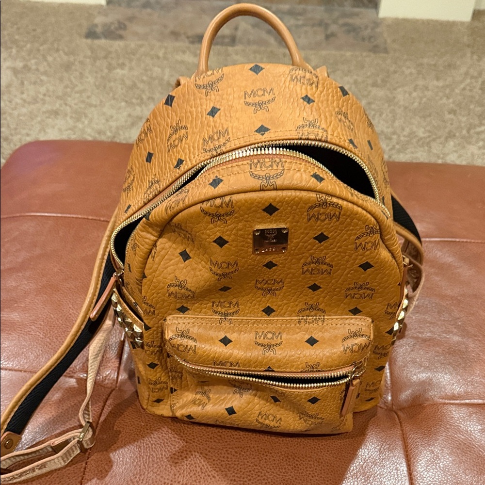 MCM Mini Stark Studded Cognac Logo Backpack